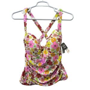 California Waves Plus Size 22/24 Floral Tankini Top Molded Cup Tie Back